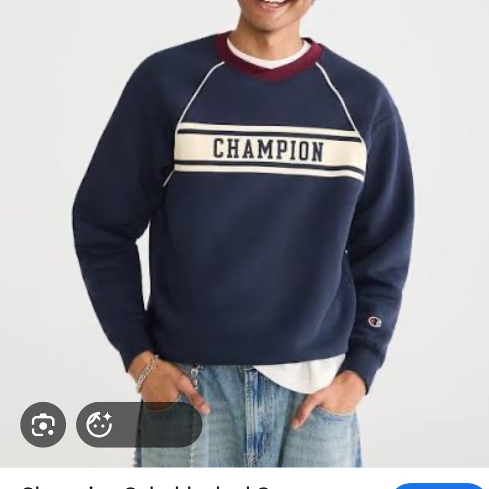 Champion Navy Crewneck Sweatshirt with Cream Stripe and Burgundy Trim